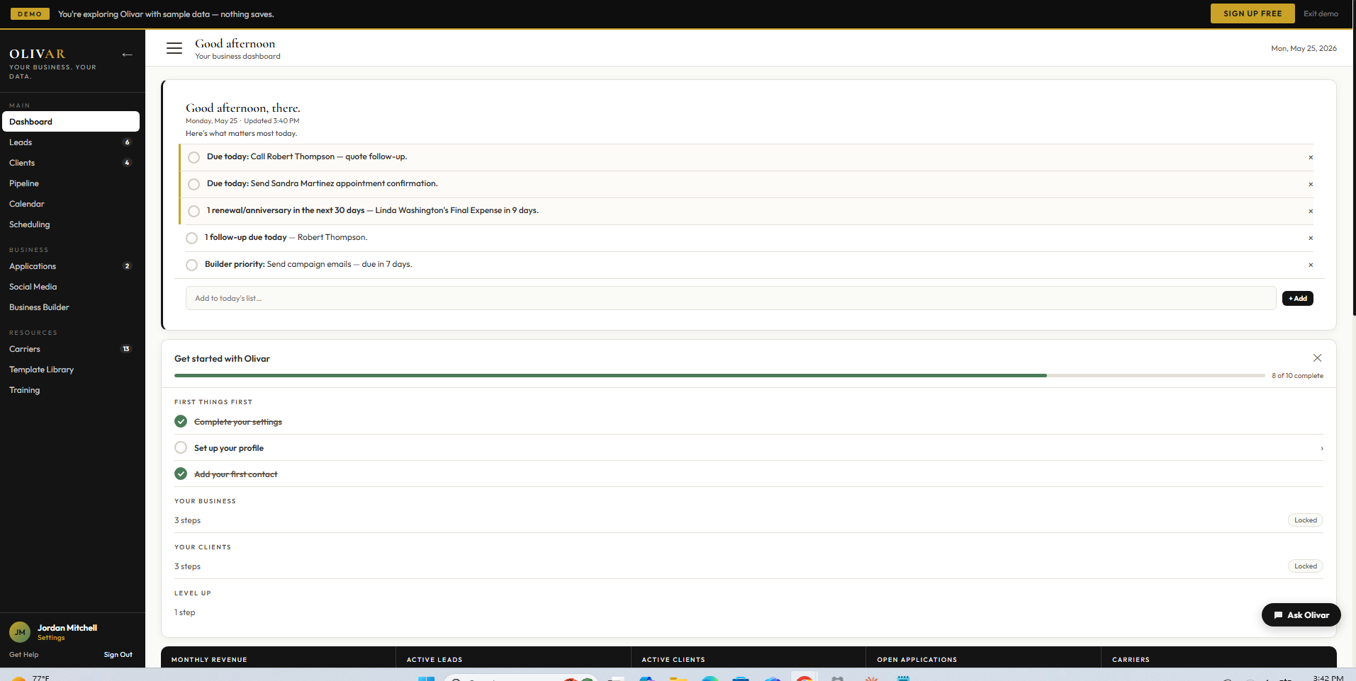 Olivar Dashboard — daily priorities and key metrics