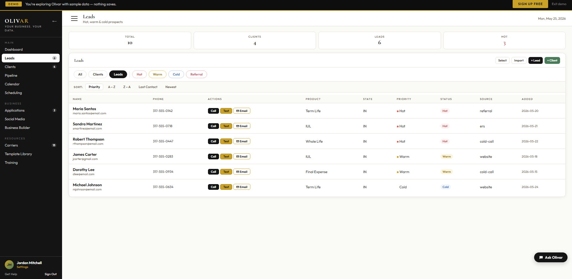 Olivar Leads — every lead and status in one place