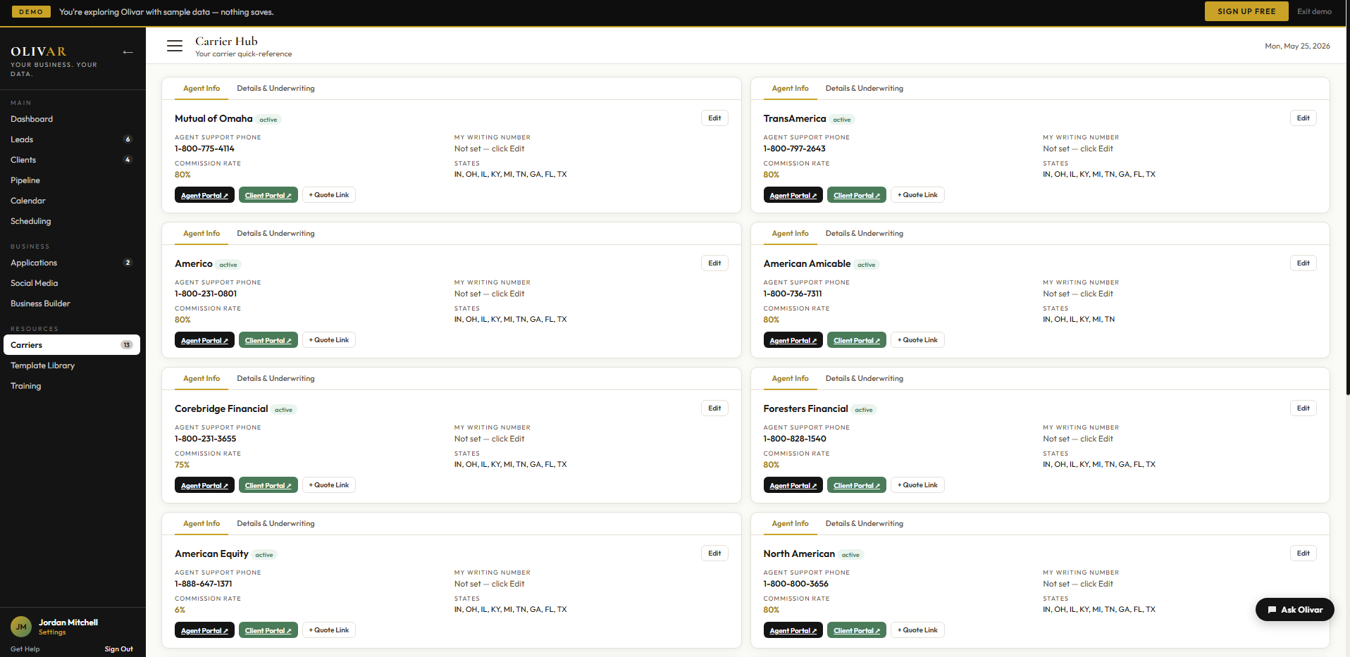 Olivar Carrier Hub — all carriers, portals, and rates